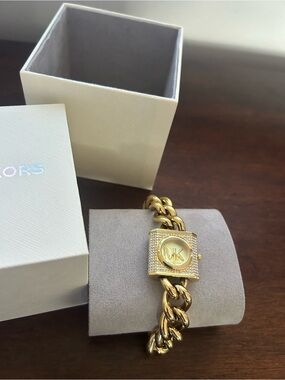 Michael Kors Gold Chain-Link Pavé Logo Bracelet Watch